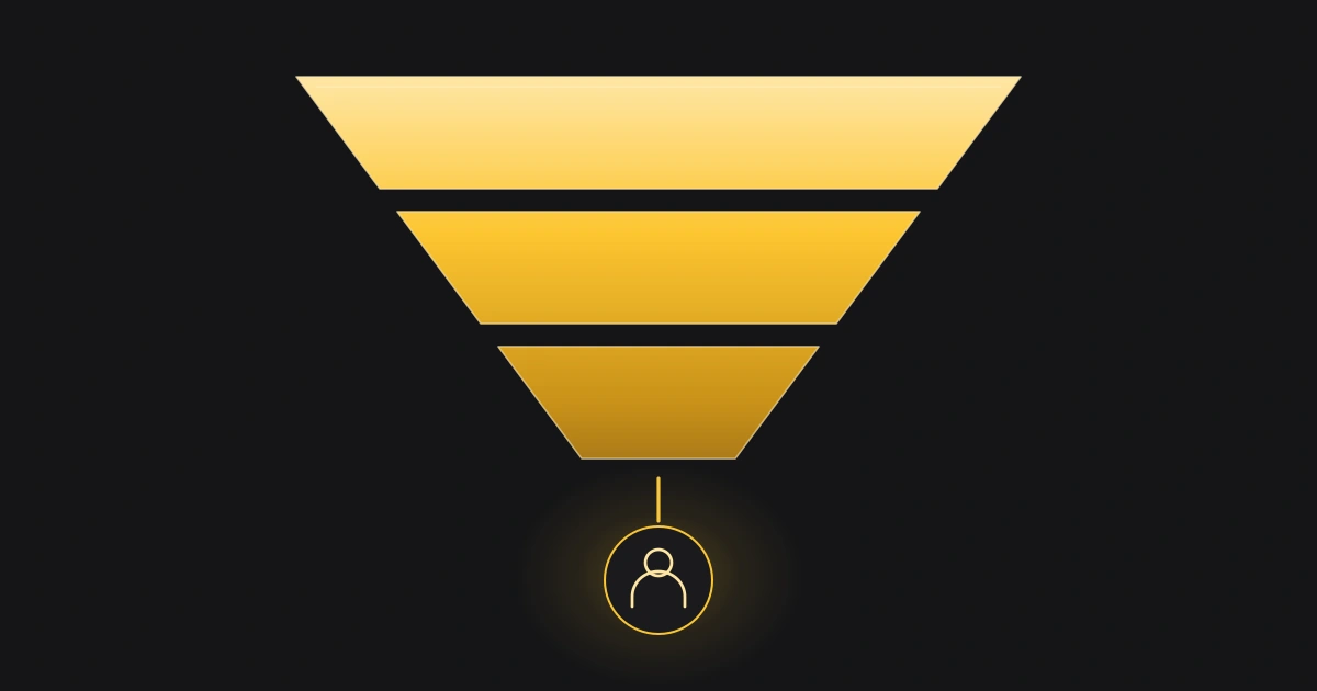 A warm gold gradient flows through a narrowing funnel to a softly illuminated person icon.
