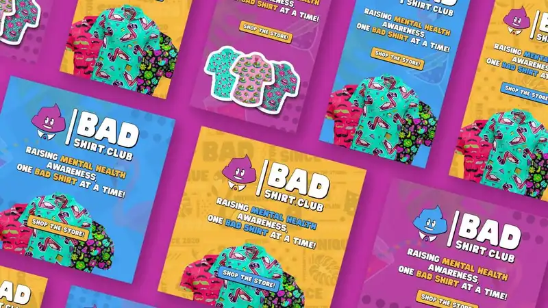 Bad Shirt Club adverts in purple, blue and yellow: raising mental health awareness one bad shirt at a time