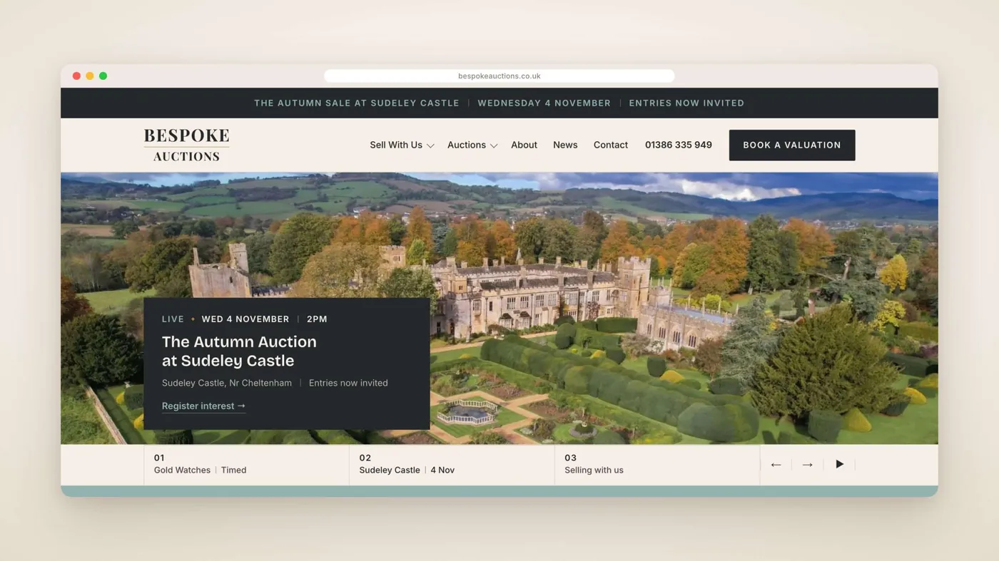 The new Bespoke Auctions homepage, featuring the autumn sale at Sudeley Castle