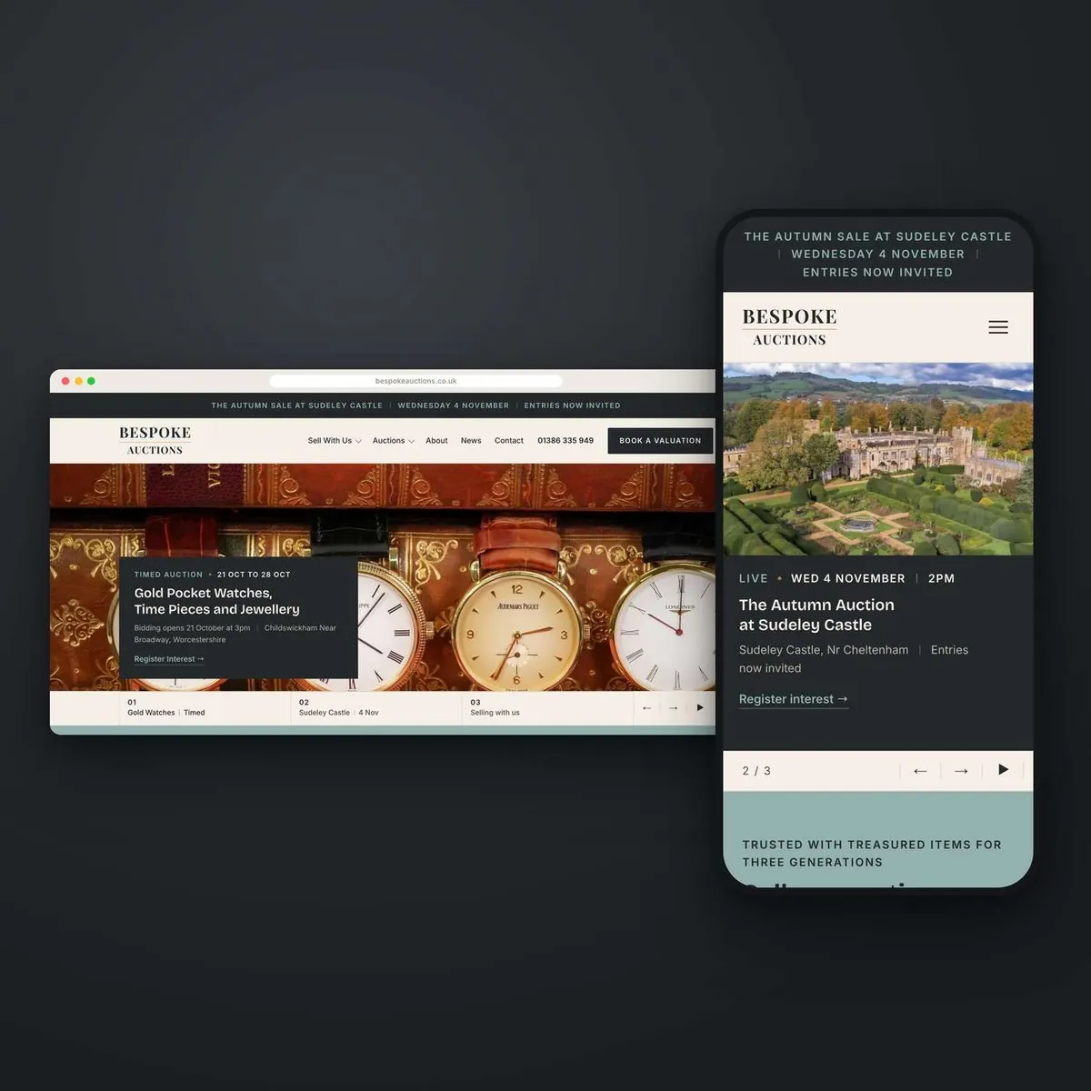 The Bespoke Auctions website on desktop and mobile