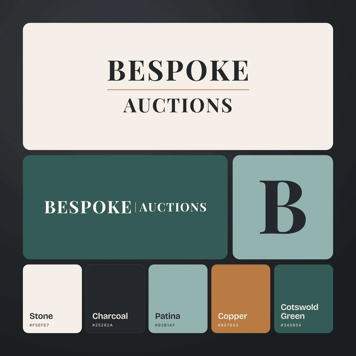The Bespoke Auctions identity: wordmark, B monogram and colour palette