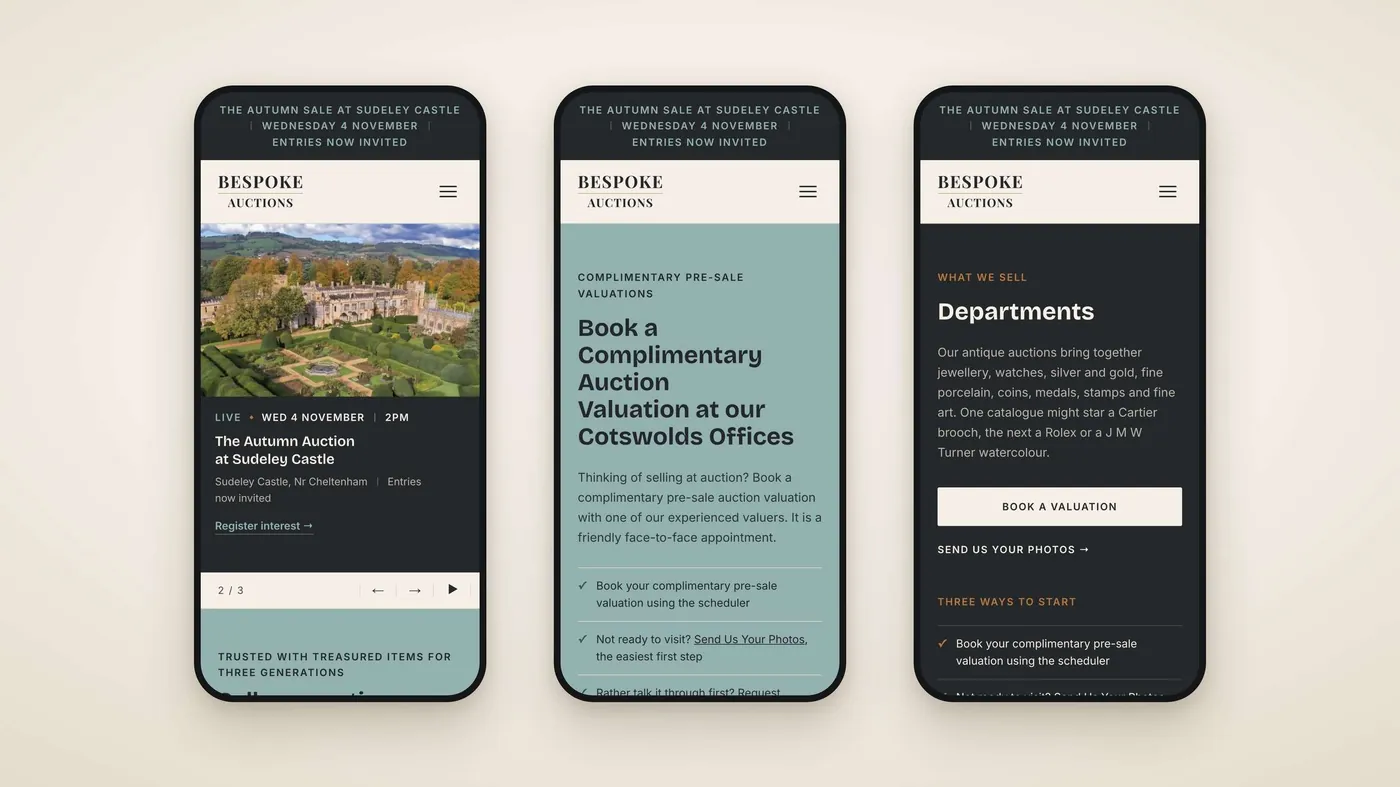 Bespoke Auctions mobile pages for valuations and departments