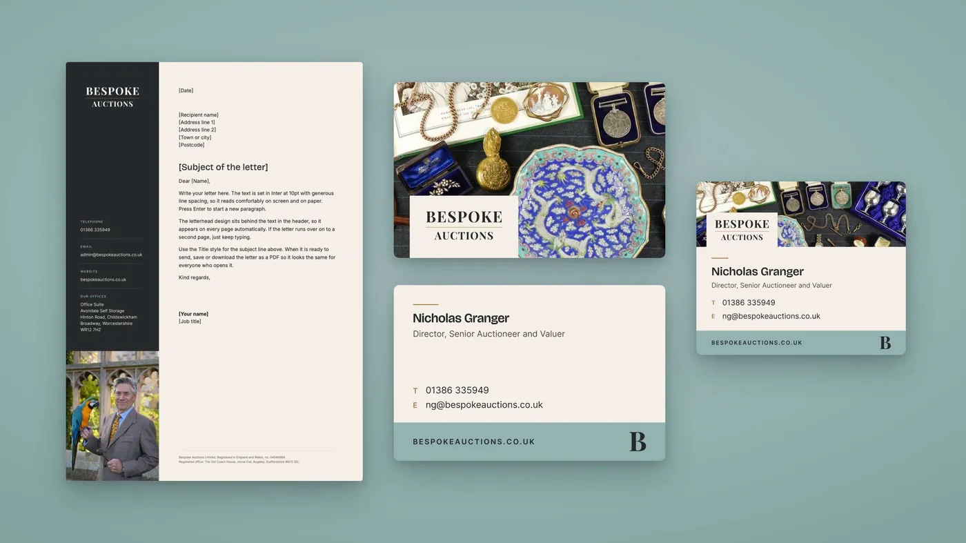 Bespoke Auctions letterhead and business cards