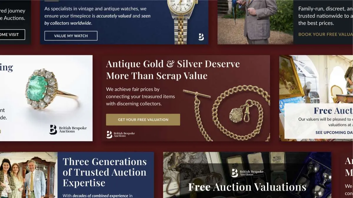 British Bespoke Auctions ads for jewellery and watch valuations