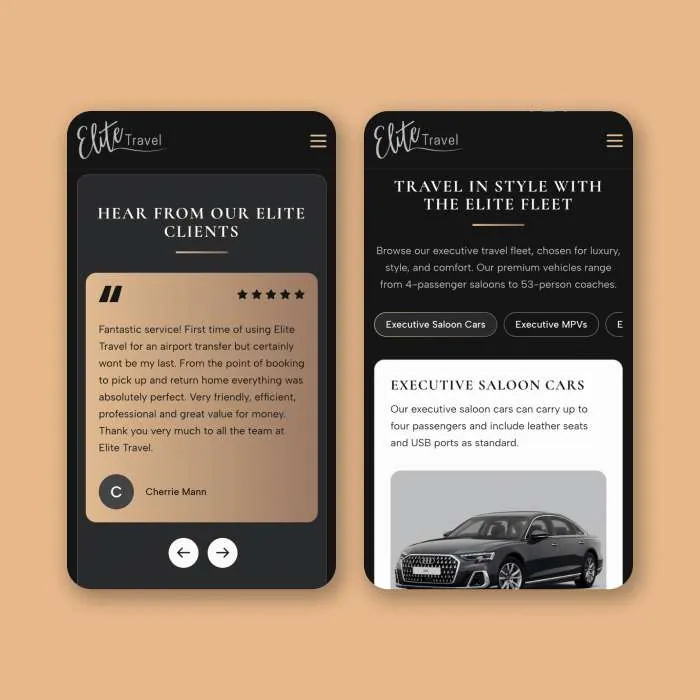 Elite Travel pages on mobile