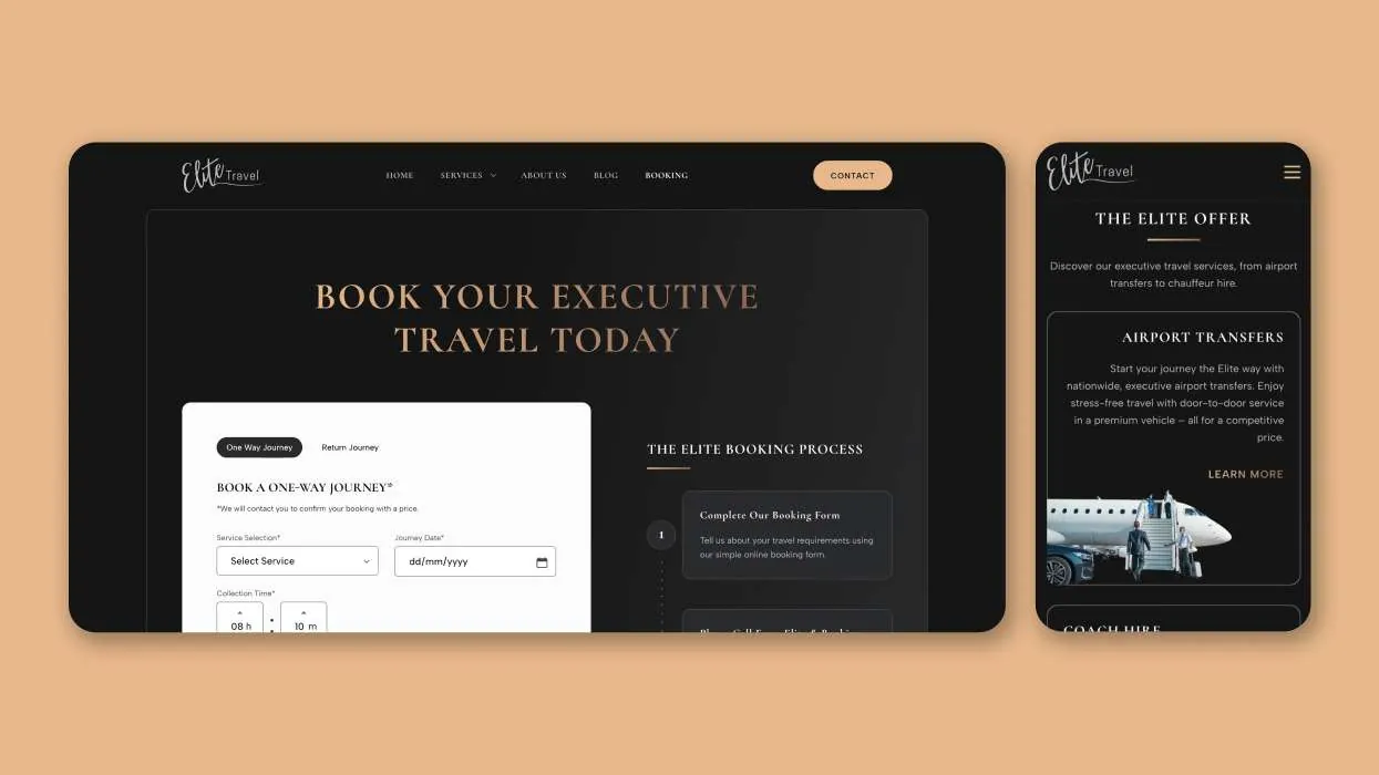 The Elite Travel booking page on desktop and mobile