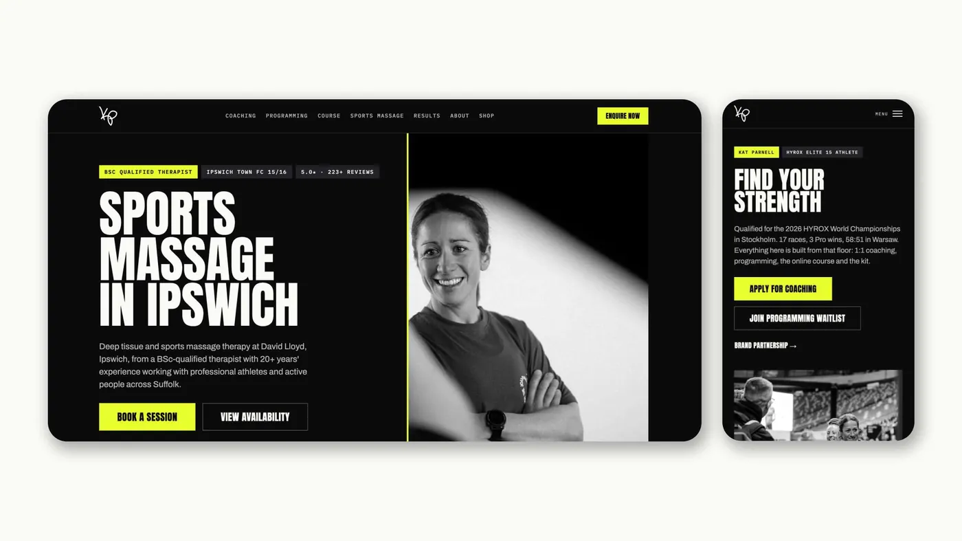 The Kat Parnell sports massage page on desktop and mobile