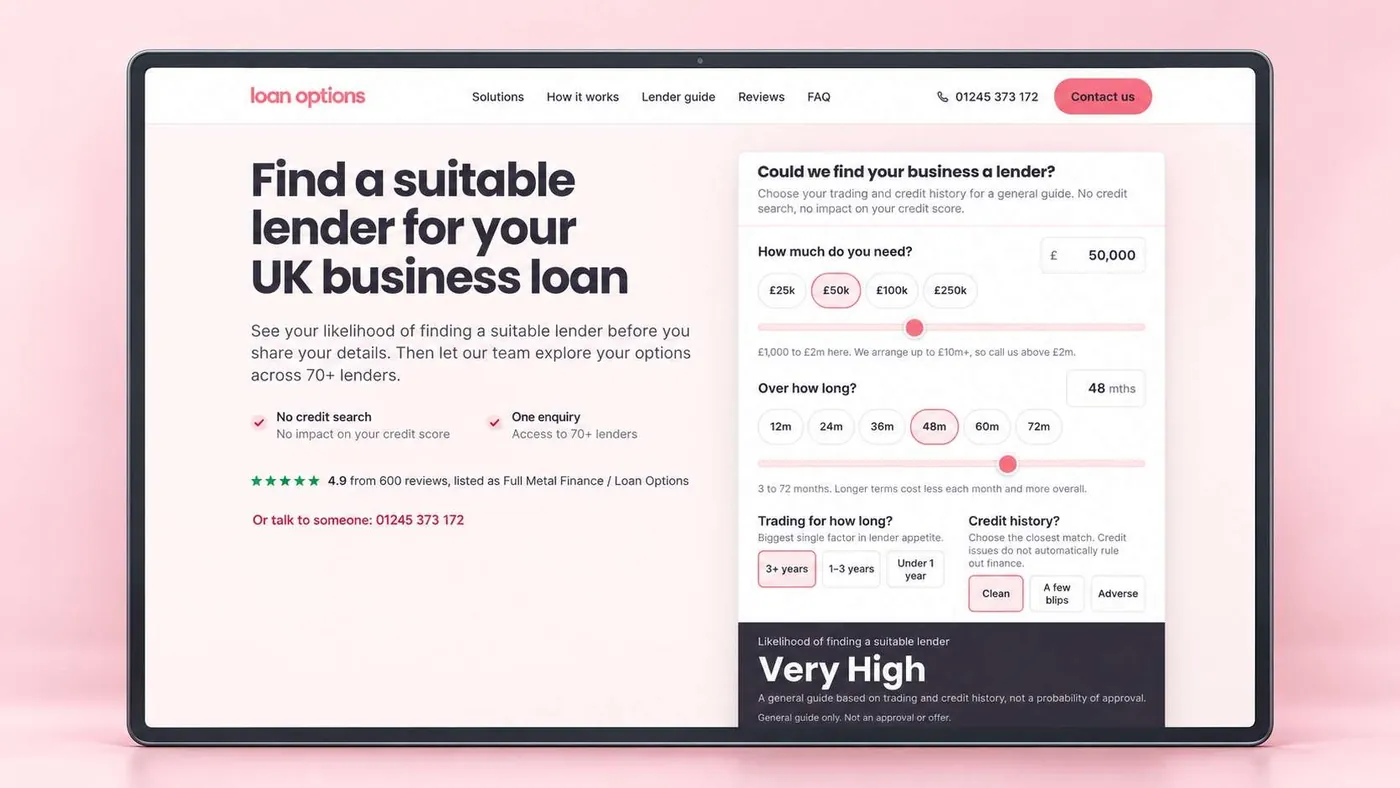 The Loan Options landing page on desktop