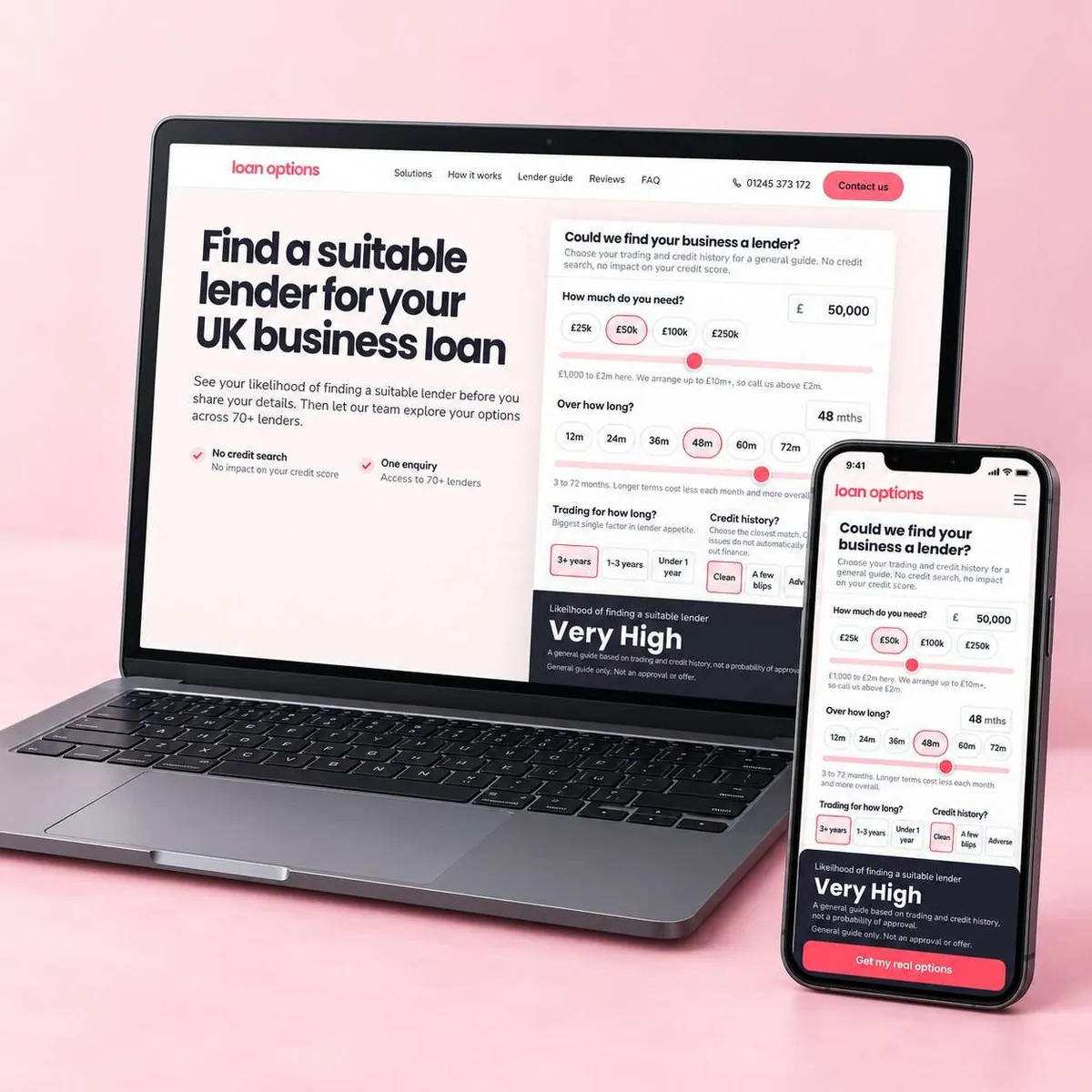 The Loan Options landing page on a laptop and a phone