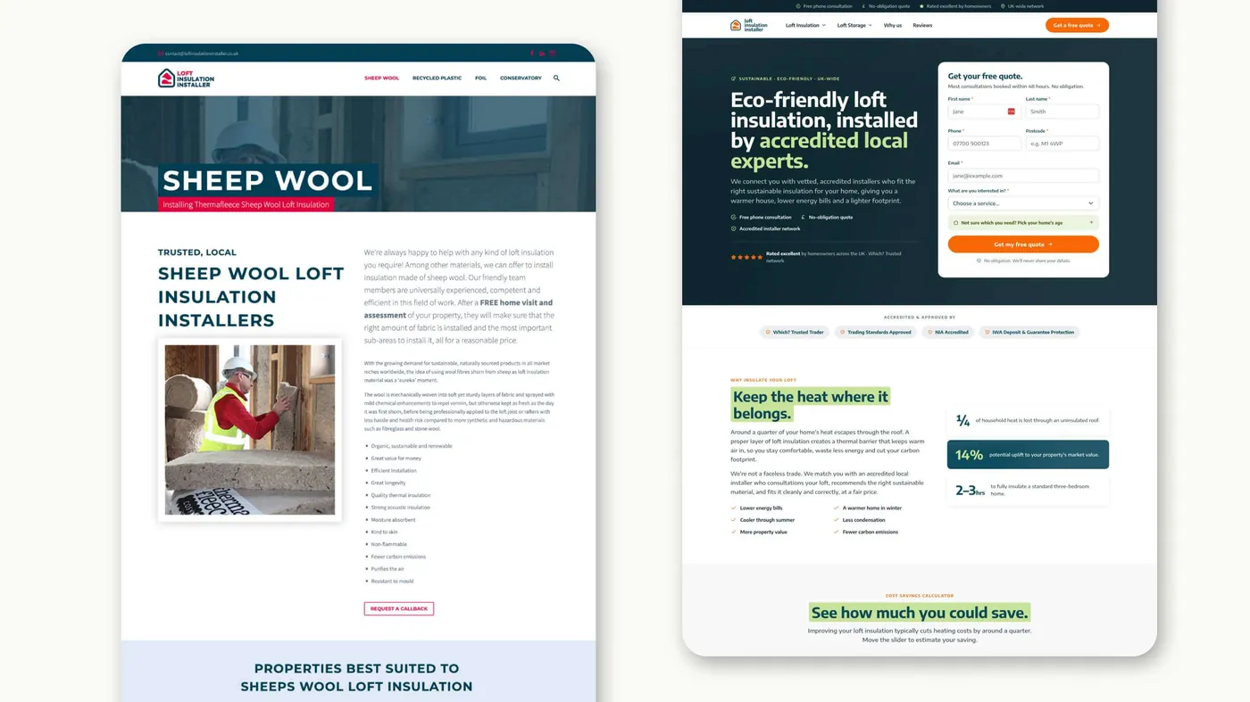 The old Loft Insulation Installer website beside the rebuilt one