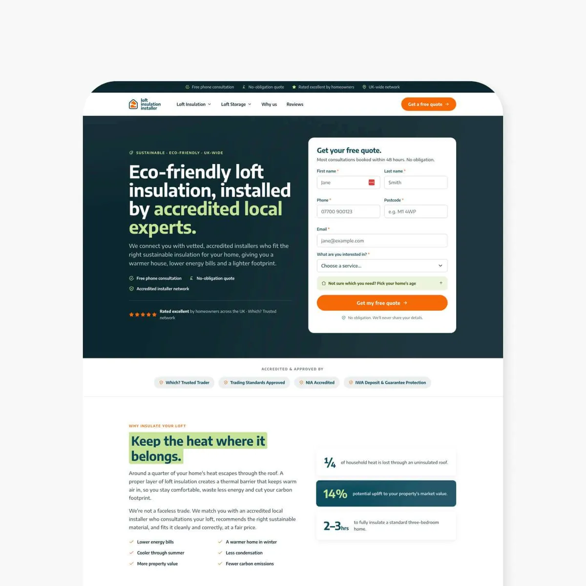 The rebuilt Loft Insulation Installer homepage with the quote form in the hero