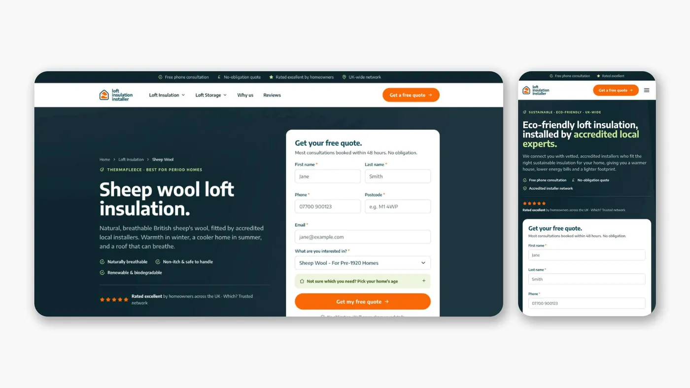 A Loft Insulation Installer service page on desktop and mobile