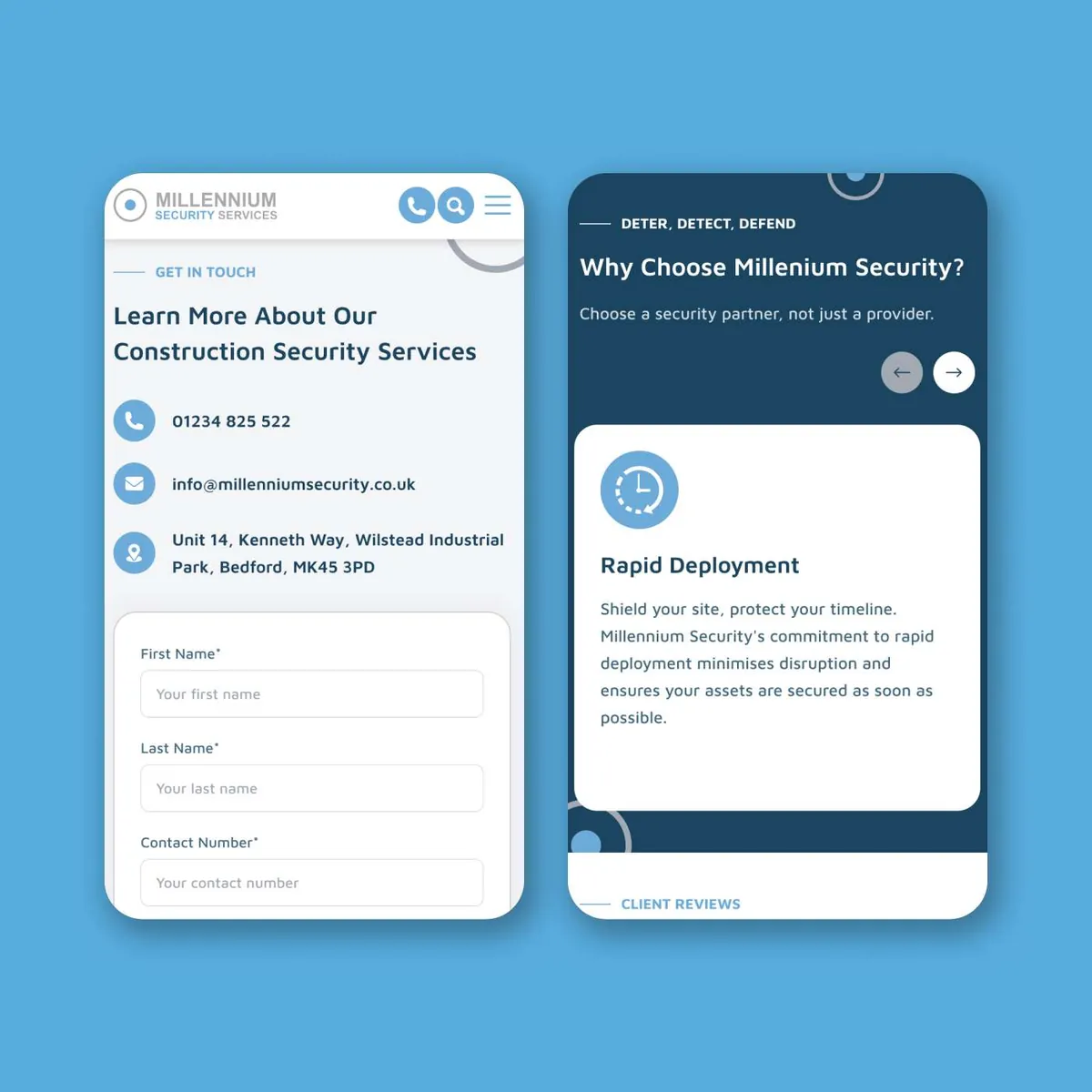 Millennium Security pages on mobile