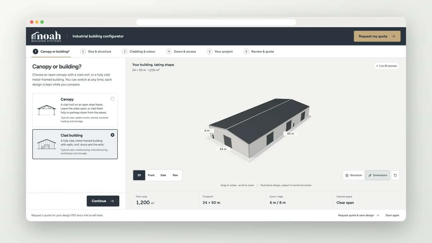 The Noah Building Systems 3D configurator on desktop