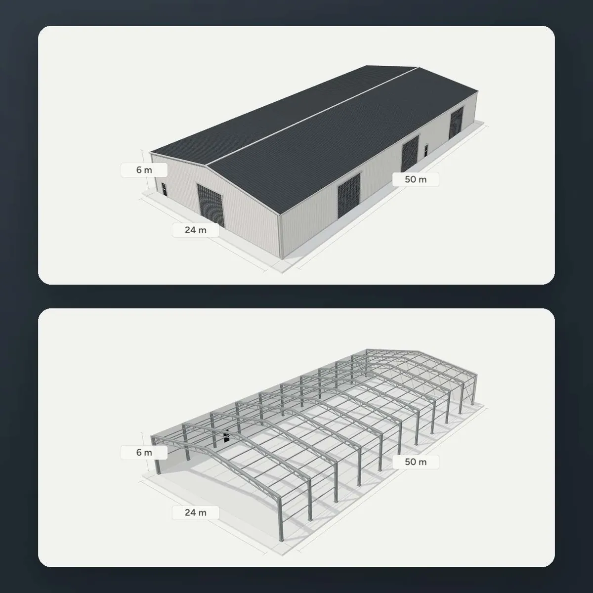 A clad building and its steel frame in the configurator