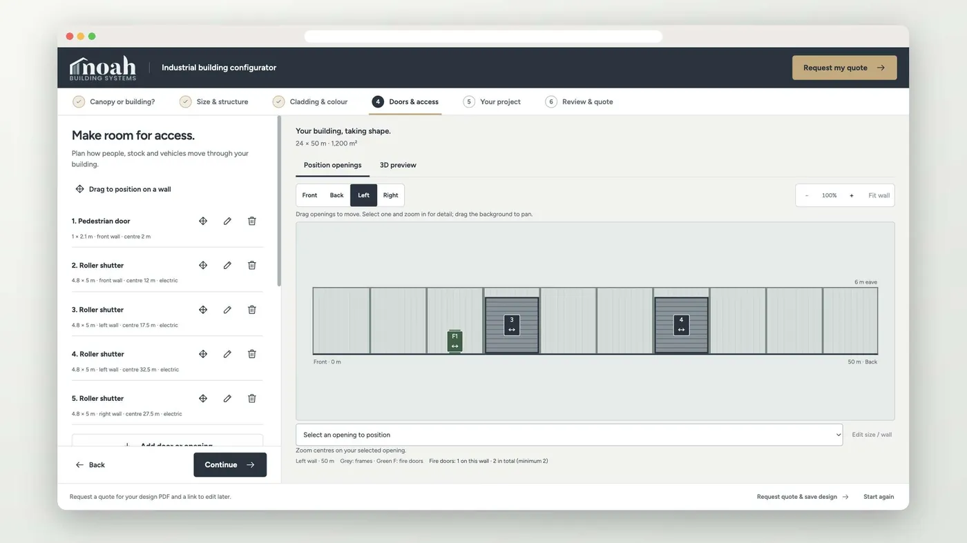 Placing doors and roller shutters in the Noah Building Systems configurator