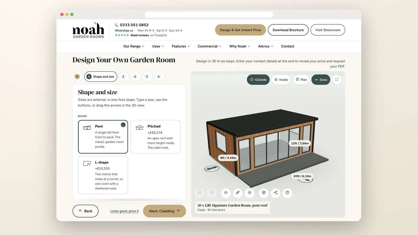 The Noah Garden Rooms 3D configurator on desktop, with a garden room model and the six steps