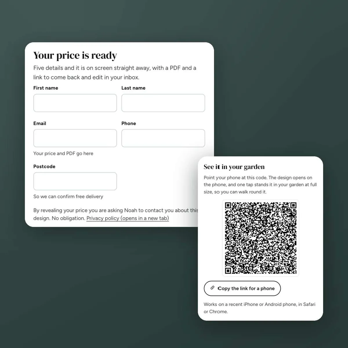 The price reveal form and the QR code that opens the design in augmented reality