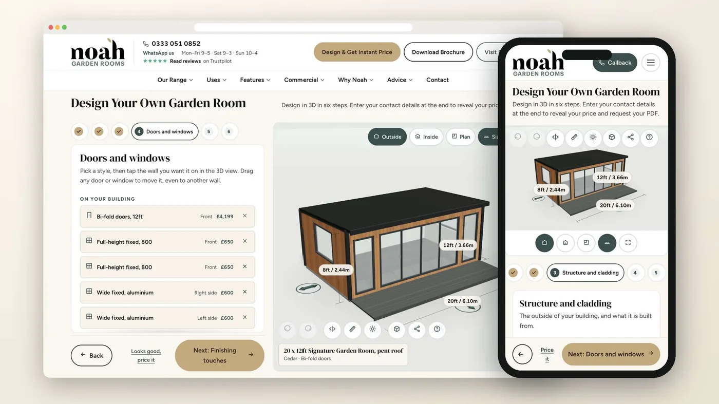 The Noah Garden Rooms configurator on desktop and mobile