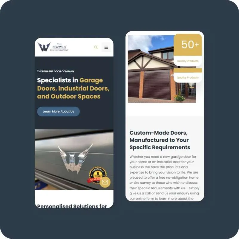 The Pegasus Door Company homepage on desktop and mobile