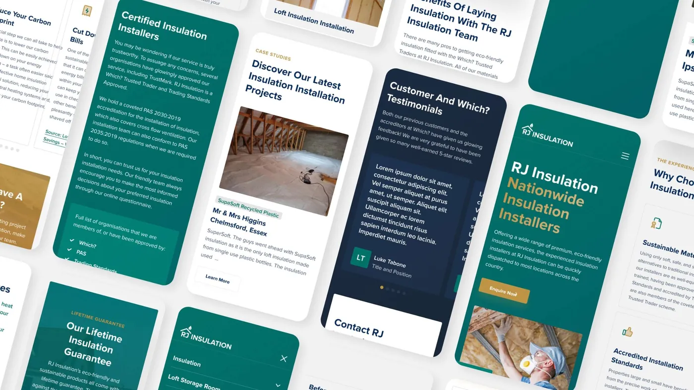 RJ Insulation website pages on mobile