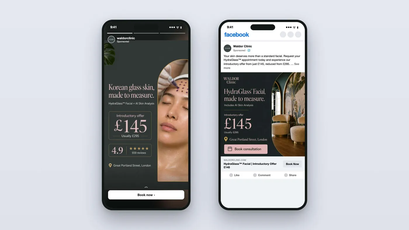 Waldor Clinic ads in the Facebook and Instagram feed on phones