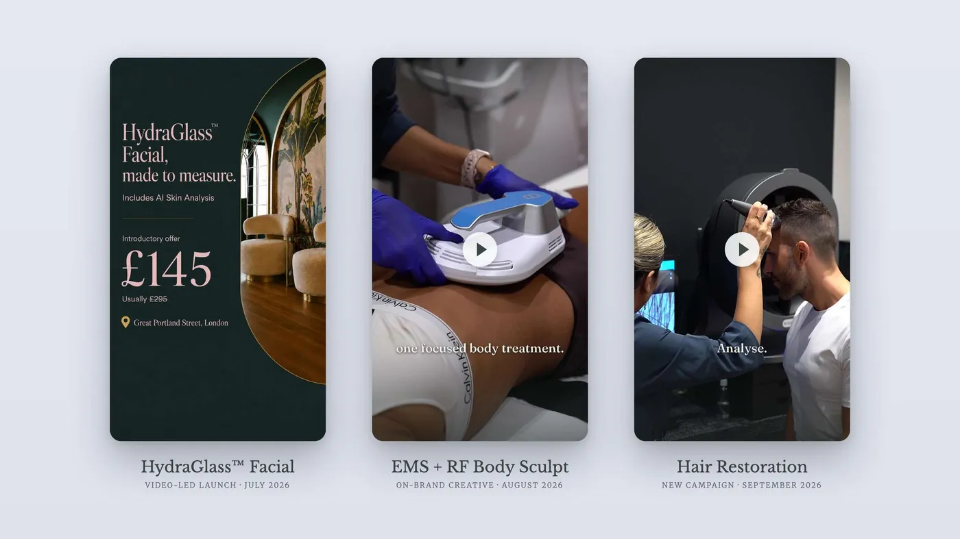 Waldor Clinic ads for three treatment lines: HydraGlass facial, EMS and RF body sculpt, and hair restoration