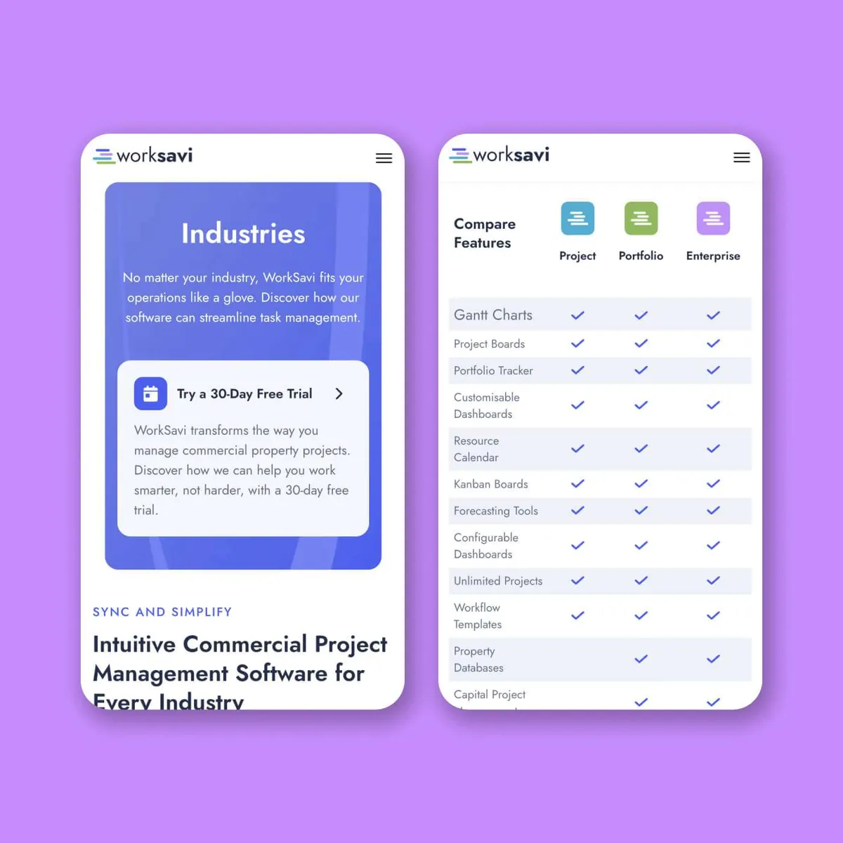 WorkSavi industry and comparison pages on mobile
